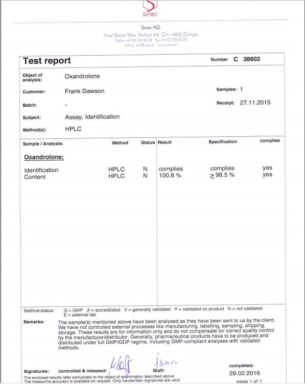 OXANDROLONOS Oxandrolone - raws purity - 11.2015 report